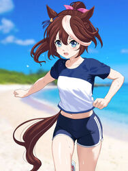  animal_ears beach blue_eyes brown_hair collarbone dolphin_shorts ear_ribbon high_ponytail highres horse_ears horse_girl horse_tail long_hair midriff multicolored_hair navel ocean sand short_sleeves shorts streaked_hair sweat tail tokai_teio_(umamusume) umamusume white_hair zenbrush2 