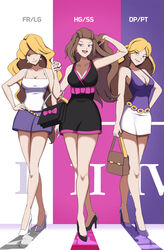  3girls bag beauty_(pokemon) blonde_hair breasts brown_hair cleavage hand_in_own_hair hand_on_own_hip handbag high_heels highres holding holding_bag legs long_hair looking_at_viewer low_neckline miniskirt multiple_girls pokemon pokemon_dppt pokemon_frlg pokemon_hgss pumps shoes skirt vivivoovoo 