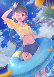  blue_sky brown_hair cloud female green_eyes highres innertube long_hair looking_at_viewer love_live! love_live!_superstar!! low_twintails macken midriff navel one_eye_closed open_mouth palm_leaf puffy_short_sleeves puffy_sleeves sakurakoji_kinako shirt short_sleeves sky smile solo standing swim_ring twintails water yellow_shirt 