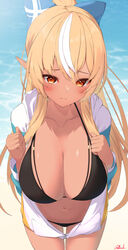  absurdres alternate_costume beach bikini bizusuhatu123 black_bikini blonde_hair blue_bow blush bow breasts cleavage dark-skinned_female dark_skin embarrassed female hairbow high_ponytail highres hololive jacket large_breasts looking_at_viewer multicolored_hair navel orange_eyes pointy_ears ponytail sand shiranui_flare streaked_hair swimsuit virtual_youtuber water white_hair white_jacket 