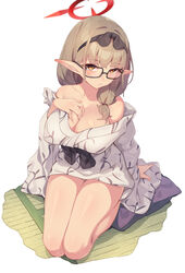  bath_yukata black-framed_eyewear black_hairband blue_archive blush breasts chinatsu_(blue_archive) chinatsu_(hot_spring)_(blue_archive) cleavage cushion female glasses hair_over_shoulder hairband halo highres japanese_clothes kimono large_breasts long_hair looking_at_viewer off_shoulder orange_eyes parted_lips pointy_ears sgt-jz simple_background sitting solo tatami white_background wide_sleeves yukata 