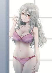  blush bra breasts brown_eyes collarbone cowboy_shot female grey_hair hair_between_eyes highres indoors kantai_collection lingerie looking_at_viewer medium_breasts mikan_29344886 panties pink_bra pink_panties pola_(kancolle) solo underwear underwear_only wavy_hair window 