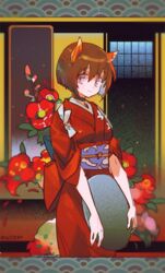  animal_ears bad_id bad_pixiv_id bob_cut brown_hair choker female flower fox_ears fox_girl haun holding holding_tray japanese_clothes kimono obi purple_eyes red_kimono sash seigaiha short_hair smile solo tactics tray youko_(tactics) 