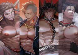  4boys abs absurdres animal_collar animal_ears bara bare_pectorals black_gloves black_skirt chinese_zodiac collar dog_boy dog_ears earrings facepaint fingerless_gloves fur_trim gloves highres jewelry lanyu_(lanyu1227) male_focus monkey_boy multiple_boys navel necklace nipples open_clothes open_shirt original pectorals piercing scar scar_on_face scar_on_mouth shirt skirt smile teeth tongue tongue_out tongue_piercing topless_male year_of_the_dog year_of_the_monkey year_of_the_pig year_of_the_rooster 