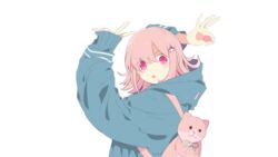  :o animal_bag arms_up bini_(xocolatl_501) cat_bag danganronpa_(series) danganronpa_2:_goodbye_despair female flipped_hair from_side galaga goodbye_sengen_(vocaloid) green_jacket hair_ornament highres hood hood_down hooded_jacket jacket long_sleeves looking_at_viewer medium_hair nanami_chiaki pink_eyes puffy_sleeves sleeves_past_wrists solo transparent_background upper_body 