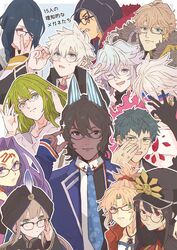  1other 2girls 6+boys :| absurdres ahoge alternate_costume androgynous arjuna_(fate) arjuna_alter_(fate) arjuna_alter_(student_council_president)_(fate) bare_shoulders bishounen black_eyes black_hair blonde_hair blue_background blue_eyes blue_hair blue_horns blue_jacket blue_necktie braid cape captain_nemo_(fate) charles-henri_sanson_(fate) closed_mouth coat collar commentary_request cu_chulainn_(fate) cu_chulainn_alter_(fate) dark-skinned_male dark_skin earrings enkidu_(fate) expressionless facepaint facial_mark fate/grand_order fate_(series) forehead_mark formal french_braid frown fur_collar glasses glowing_horns gradient_hair green_eyes green_hair grey_hair hair_between_eyes hair_ornament hair_over_one_eye hair_scrunchie hat highres holding hood hood_up horns jacket jewelry karna_(fate) kinnoashihara long_hair long_sleeves looking_at_viewer male_focus medusa_(fate) medusa_(rider)_(fate) merlin_(fate) mordred_(fate) mordred_(fate/apocrypha) mordred_(memories_at_trifas)_(fate) multicolored_hair multiple_boys multiple_girls necklace necktie nemo_(fate) oda_nobukatsu_(fate) oda_uri official_alternate_costume open_mouth pale_skin paracelsus_(fate) peaked_cap ponytail purple_eyes purple_hair red_eyes red_fur red_scrunchie robe saitou_hajime_(fate) scrunchie shirt short_hair sidelocks simple_background sleeves_past_wrists smile sparkle spikes tattoo teeth text_background turban twintails two-tone_hair very_long_hair white_hair white_robe white_shirt yellow_eyes 