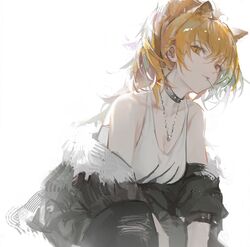  absurdres animal_ears arknights bare_shoulders black_choker black_jacket blonde_hair choker commentary_request female highres jacket lion_ears lion_girl long_hair looking_at_viewer off_shoulder shijiubashuazi siege_(arknights) simple_background solo tank_top white_background white_tank_top yellow_eyes 