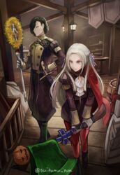  &gt;:) 1boy asymmetrical_bangs axe barrel black_hair blunt_ends cape closed_mouth commentary_request edelgard_von_hresvelg female fire_emblem fire_emblem:_three_houses fire_emblem_heroes flower flower_wreath forehead garreg_mach_monastery_uniform gloves hair_over_one_eye hair_ribbon hand_on_own_hip holding holding_axe hubert_von_vestra lamp long_hair long_sleeves pantyhose pillar purple_eyes red_cape red_pantyhose ribbon saber_(weapon) scabbard sheath sheathed short_hair side_cape suikomu_now sweatdrop sword twitter_username two-handed uniform v-shaped_eyebrows very_long_hair weapon white_gloves white_hair wooden_beam wooden_floor wreath yellow_flower 