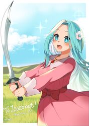  :d absurdres ana-maria_marschner aqua_eyes aqua_hair blue_eyes blue_hair blue_sky blush border bow cloud commentary commission day dress dress_bow english_commentary english_text female flower gacha hair_flower hair_ornament happy heart highres holding holding_sword holding_weapon jewelry long_hair long_sleeves necklace non-web_source open_mouth outdoors outside_border pendant pink_dress pink_flower po_pooch princess red_bow shamshir sky smile solo sparkle sparkle_background sparkling_eyes standing straight_hair sword tales_of_(series) tales_of_luminaria thank_you weapon white_border 