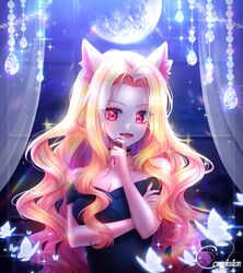  :3 animal_ears bad_id bad_pixiv_id blonde_hair blood blood_on_face breasts choker cleavage commission female hayun highres long_hair looking_at_viewer moon night oerba_yun_fang open_mouth original red_eyes smile solo vampire 