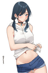  absurdres amano_hina_(tenki_no_ko) bare_arms bare_shoulders black_choker black_hair blue_eyes choker commentary cowboy_shot denim denim_shorts female highres hood hooded_jacket jacket long_hair looking_at_viewer midriff navel pinepin short_shorts shorts simple_background sleeveless sleeveless_jacket solo standing stomach tenki_no_ko white_background white_jacket 