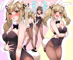  2girls animal_ears bang_dream! black_bow black_bowtie black_hair black_legwear black_leotard black_ribbon blonde_hair blush bow bowtie breasts brown_eyes bunny_day clenched_hands commentary covered_navel crossed_arms detached_collar embarrassed fake_animal_ears green_eyes hair_ornament hair_ribbon hanazono_tae hand_on_own_stomach high_heels ichigaya_arisa leotard long_hair looking_at_viewer mamaloni medium_breasts multiple_girls multiple_views pantyhose playboy_bunny rabbit_ears rabbit_tail ribbon sparkle strapless strapless_leotard tail translated twintails wrist_cuffs x_hair_ornament 