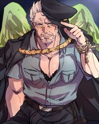  1boy bara beard belt black_pants facial_hair green_wings hat hogen_(housamo) jacket jacket_on_shoulders male_focus mature_male moustache muscular muscular_male old old_man pants pectoral_cleavage pectorals pocket police police_uniform policeman rope short_sleeves simple_background solo tokyo_afterschool_summoners uniform unworn_hat unworn_headwear white_hair wings yellow_eyes zaoanjisi 