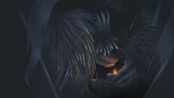  16:9 ambiguous_gender anthro black_body black_feathers clawed_fingers drawfee drawfee_(copyright) fangs feathers fire hi_res howl&#039;s_moving_castle howl_(hmc) julia_lepetit monster sharp_teeth snout solo teeth widescreen 