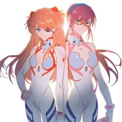  2girls blue_eyes bodysuit breasts brown_hair bystander closed_mouth cowboy_shot evangelion:_3.0+1.0_thrice_upon_a_time expressionless eyepatch glasses hair_between_eyes hand_on_own_hip headgear interface_headset long_hair looking_at_viewer makinami_mari_illustrious medium_breasts multiple_girls neon_genesis_evangelion orange_hair pilot_suit plugsuit rebuild_of_evangelion red-framed_eyewear science_fiction semi-rimless_eyewear simple_background skin_tight smile souryuu_asuka_langley standing under-rim_eyewear white_background white_bodysuit 