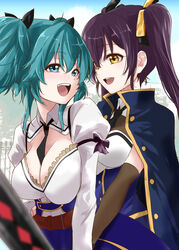  2girls :d aqua_eyes aqua_hair arms_at_sides assault_lily behind_another belt between_breasts black_necktie black_ribbon blue_cloak blue_shirt blue_skirt blue_sky blurry blurry_background breasts brown_belt brown_gloves buttons cleavage cloak collared_shirt commentary_request cowboy_shot day elbow_gloves eye_contact face-to-face frilled_shirt frills gloves hair_between_eyes hair_ribbon hand_on_another&#039;s_hip highres hishida_haru juliet_sleeves large_breasts long_hair long_sleeves looking_at_another looking_to_the_side medium_breasts medium_hair multiple_girls necktie necktie_between_breasts odaiba_girls_high_school_uniform oerba_yun_fang open_mouth outdoors puffy_sleeves purple_hair purple_ribbon ribbon school_uniform shirt skirt sky sleeve_ribbon smile standing suzuki_chinami teeth twintails two-tone_shirt upper_teeth_only urutsu_sahari waist_cape weapon white_shirt yellow_eyes yellow_ribbon yuri 