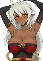  antenna_hair armpits arms_up bare_shoulders breasts cleavage closed_mouth collarbone dark-skinned_female dark_elf dark_skin elf female hair_between_eyes haoni highres large_breasts looking_at_viewer orange_eyes pointy_ears sansei_muramasa simple_background solo soukou_akki_muramasa white_background 