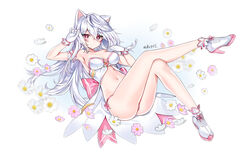  alternate_breast_size animal_ears arm_garter arm_up armpits ass babydoll bare_arms bare_legs bare_shoulders breasts cat_ears elsword eve_(elsword) facial_mark female flower gloves hand_up heart heart-shaped_pupils high_heels highres legs_up long_hair looking_at_viewer mal_poi medium_breasts navel panties pink_panties plantar_flexion red_eyes shoes side-tie_panties solo stomach strapless string_panties symbol-shaped_pupils thighs toes underwear underwear_only white_babydoll white_background white_footwear white_gloves white_hair 