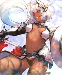  animal_ears armor bikini bikini_top_only black_bikini black_gloves black_thighhighs body_markings breasts caenis_(fate) cape dark-skinned_female dark_skin elbow_gloves fate/grand_order fate_(series) faulds female gauntlets gloves greaves grin headpiece highres large_breasts long_hair looking_at_viewer navel otsukemono pauldrons polearm red_cape red_eyes shield shoulder_armor smile solo spear swimsuit tattoo thighhighs very_long_hair waist_cape weapon white_bikini white_hair 