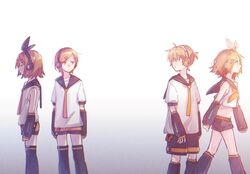  2boys 2girls arm_warmers bare_shoulders bass_clef black_bow black_sailor_collar black_shorts blonde_hair blue_eyes bow closed_eyes commentary crop_top dual_persona hair_ornament hairbow hairclip headphones kagamine_len kagamine_len_(if) kagamine_rin kagamine_rin_(if) leg_warmers lone_nape_hair looking_at_another looking_back mi_no_take multiple_boys multiple_girls nail_polish neckerchief necktie prototype_design sailor_collar school_uniform shirt short_hair short_ponytail short_shorts short_sleeves shorts sleeveless sleeveless_shirt spiked_hair standing swept_bangs symmetry vocaloid walking white_bow white_shirt yellow_neckerchief yellow_necktie 