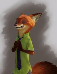  2020 anthro bottomwear canid canine clothed clothing dipstick_ears disney ear_markings famished_(artist) fox fully_clothed fur half-length_portrait inner_ear_fluff light lighting male mammal multicolored_ears necktie nick_wilde open_mouth open_smile orange_body orange_fur pants portrait red_fox shirt simple_background smile solo teeth tongue topwear true_fox tuft zootopia 