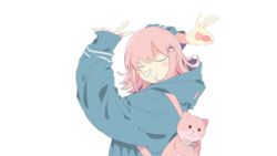  animal_bag arms_up bini_(xocolatl_501) cat_bag closed_eyes danganronpa_(series) danganronpa_2:_goodbye_despair drooling female flipped_hair from_side galaga goodbye_sengen_(vocaloid) green_jacket hair_ornament highres hood hood_down hooded_jacket jacket long_sleeves medium_hair nanami_chiaki nose_bubble puffy_sleeves saliva sleeping sleeves_past_wrists solo transparent_background upper_body 