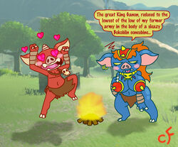  2022 after_transformation armor big_breasts bikini_armor blin_(tloz) blue_body blue_skin bokoblin bottomwear breasts chaos-force clothed clothing dancing domestic_pig duo english_text female fire ganon hair hand_on_breast heart_eyes heart_symbol hi_res humanoid jewelry loincloth male male/female mammal navel necklace nintendo red_body red_hair red_skin rule_63 short_stack speech_bubble suid suina sus_(pig) text the_legend_of_zelda topless tribal unconvincing_armor 