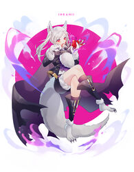  absurdres animal_ears animal_hands apple artist_name female fire_emblem fire_emblem_awakening fire_emblem_heroes food fruit full_body fur_trim gloves grima_(fire_emblem) halloween_costume highres holding inkanii open_mouth paw_gloves paw_shoes red_eyes robin_(female)_(fire_emblem) robin_(female)_(halloween)_(fire_emblem) robin_(fire_emblem) shorts solo tail twintails white_hair wolf_ears wolf_tail 