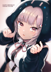  :o akahito backpack bag black_jacket black_shirt collared_shirt danganronpa_(series) danganronpa_2:_goodbye_despair dress_shirt female galaga grey_background hair_ornament highres hood hood_up hooded_jacket jacket long_sleeves medium_hair nanami_chiaki neck_ribbon open_clothes open_jacket pink_eyes pink_ribbon ribbon shirt simple_background solo teeth two-tone_shirt upper_body upper_teeth_only white_shirt 