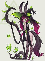  animal_ears black_sclera colored_sclera colored_skin female flower green_eyes hat highres holding holding_staff long_hair looking_at_viewer monster_girl original pink_skin plant plant_girl plant_hair purple_hair solo squeaky_(artist) staff standing tail tiptoes twintails vines witch_hat 