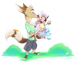  2020 anthro anthro_on_anthro barefoot canid canine carrying_another clothed clothing duo easter easter_egg feet female fox fully_clothed hi_res holding_object holidays kissing lagomorph leporid male male/female mammal one_eye_closed open_mouth open_smile rabbit ribbontail_(character) ribbontini simple_background smile standing vulpesvant_(character) white_background 