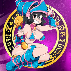  bikini black_eyes black_hair black_nails blue_bikini blue_footwear blue_hat boots breasts cleavage cosplay dark_magical_circle dark_magician_girl dark_magician_girl_(cosplay) feet_out_of_frame female full_body hand_up hat heart heart-shaped_pupils highres holding holding_wand legs_up lucia_(scott_malin) magic_circle medium_breasts original pink_pupils purple_outline scott_malin shadow solo swimsuit symbol-shaped_pupils wand wizard_hat yu-gi-oh! 