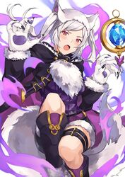  animal_ears animal_hands aura dark_aura female fire_emblem fire_emblem_awakening fire_emblem_heroes fur_trim gloves grima_(fire_emblem) halloween_costume highres kamu_(kamuuei) long_sleeves open_mouth paw_gloves red_eyes robin_(female)_(fire_emblem) robin_(female)_(halloween)_(fire_emblem) robin_(fire_emblem) shorts solo tail thigh_strap twintails white_hair wolf_ears wolf_tail 