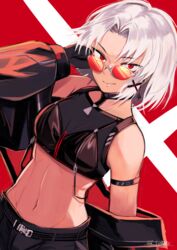  absurdres arm_strap black_gloves crop_top drake_(nikke) drake_(villain_racer)_(nikke) female fujisaki_subaru gloves goddess_of_victory:_nikke hair_ornament highres looking_at_viewer looking_over_eyewear midriff navel red-tinted_eyewear red_background red_eyes short_hair solo stomach sunglasses tinted_eyewear white_hair x_hair_ornament 