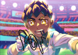  1boy alternate_costume bad_id bad_pixiv_id bright_pupils character_signature collared_shirt commentary_request creative_signature drawing_on_fourth_wall gloves highres holding holding_marker hop_(pokemon) komame_(st_beans) lights male_focus marker mouth_hold open_mouth pen_cap_in_mouth pokemon pokemon_swsh purple_hair shirt short_hair signature signing solo_focus stadium sweatdrop teeth tongue white_gloves white_pupils writing yellow_eyes 