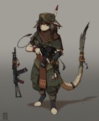  2022 absurd_res accessory aks-74u anthro assault_rifle brown_body brown_fur brown_hair clothed clothing digitigrade ear_piercing feathers fully_clothed fur furgonomics gun hair hat headgear headwear hi_res jewelry male male_(lore) mammal orang111 piercing ranged_weapon rifle solo standing tail tail_accessory tail_bracelet tail_jewelry tan_body tan_fur trigger_discipline weapon 