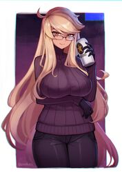  alma_armas arm_under_breasts black-framed_eyewear black_gloves black_pants blonde_hair breasts brown_eyes closed_mouth dark-skinned_female dark_skin female glasses gloves highres large_breasts long_hair long_sleeves pants psidubs ribbed_sweater smile solo sweater twitter_username va-11_hall-a 