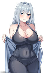  bare_shoulders blue_eyes breasts cleavage collarbone covered_navel english_text ethel_(xenoblade) female grey_hair hair_intakes highres large_breasts light_blush long_hair looking_at_viewer meme namu_(112namu) navel parted_lips solo teeth undressing very_long_hair xenoblade_chronicles_(series) xenoblade_chronicles_3 