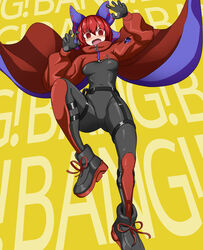  adapted_costume akatsuki_records black_bodysuit black_footwear blue_bow bodysuit bow cloak commentary_request covered_navel female full_body garter_straps hairbow highres igu_(103milk) looking_at_viewer mixed-language_commentary oerba_yun_fang open_mouth red_eyes red_hair ringed_eyes rock_&#039;n&#039;_rock_&#039;n&#039;_beat sekibanki short_hair skin_tight solo touhou v-shaped_eyebrows yellow_background 