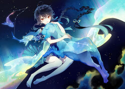  animal aries_(constellation) aries_(zodiac) aurora bare_legs bare_shoulders barefoot black_hair blue_dress braid braided_ponytail cloud constellation dress dutch_angle earrings female fish floating floating_hair full_body hug jewelry long_hair mole mole_under_mouth pisces_(constellation) pisces_(zodiac) pleated_dress psd_(psdgai) red_eyes see-through sheep single_braid single_earring sitting sleeveless smile tassel tassel_earrings transparent very_long_hair vocaloid vsinger yokozuwari yuezheng_ling zodiac 