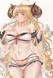  ahoge anila_(granblue_fantasy) anila_(summer)_(granblue_fantasy) bikini blonde_hair breasts chumugi cleavage draph female food granblue_fantasy highres hikimayu horns large_breasts layered_bikini long_hair looking_at_viewer official_alternate_costume popsicle ribbon-trimmed_bikini sheep sheep_horns short_eyebrows solo swimsuit thick_eyebrows tongue white_background yellow_eyes 