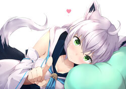  ahoge animal_ear_fluff animal_ears blue_neckerchief blush braid breasts cleavage commentary_request detached_sleeves female fox_ears fox_girl fox_tail green_eyes hair_between_eyes heart highres hololive hood hoodie long_hair looking_at_viewer lying medium_breasts neckerchief on_bed on_side pillow pointing pointing_at_viewer pov_across_bed shirakami_fubuki shirakami_fubuki_(1st_costume) sidelocks simple_background single_braid smile solo sorbitol tail virtual_youtuber white_background white_hair white_hoodie 