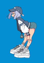  baseball_cap bent_over blue_background blue_hair blue_shorts blunt_ends closed_mouth dolphin_shorts female fila from_side grey_hat grey_jacket hands_on_own_knees hat highres jacket letterman_jacket long_sleeves nao97122 open_clothes open_jacket original ponytail profile revision ribbed_socks shoes short_ponytail short_shorts shorts simple_background sneakers socks solo standing streetwear white_footwear white_socks zipper_pull_tab 