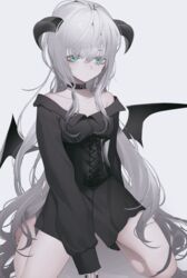  absurdres bare_shoulders black_choker black_nails black_shirt choker demon_girl demon_horns demon_wings earrings female fingernails green_eyes grey_hair highres horns jewelry kneeling long_hair long_sleeves looking_at_viewer migihidari_(puwako) mini_wings nail_polish off-shoulder_shirt off_shoulder original parted_lips shirt simple_background solo very_long_hair white_background wings 