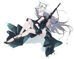  absurdres animal_ear_fluff animal_ears black_dress black_footwear black_gloves black_halo blue_archive blue_eyes breasts bright_pupils chinese_commentary commentary dress extra_ears female gloves gong_cha grey_hair gun halo high_heels highres holding holding_gun holding_weapon shiroko_(blue_archive) shiroko_terror_(blue_archive) simple_background solo thigh_strap weapon white_background wolf_ears wolf_girl 