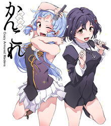  2girls :d ;d anchor_necklace blush breasts brown_eyes commentary_request cosplay dress grey_hair haguro_(kancolle) hair_ornament hair_ribbon holding holding_microphone jewelry kannagi kantai_collection long_hair long_sleeves look-alike microphone multiple_girls murakumo_(kancolle) nagi_(kannagi) nagi_(kannagi)_(cosplay) necklace one_eye_closed open_mouth parody purple_hair red_eyes ribbon short_hair siblings simple_background sisters sleeveless smile sparkle tress_ribbon twins white_background yukiguni_yuu zange zange_(cosplay) 