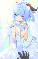  absurdres ahoge alternate_costume back backless_outfit bare_shoulders blue_hair blush bow breasts czk dress female from_behind ganyu_(genshin_impact) genshin_impact gloves highres horns long_hair looking_at_viewer looking_back medium_breasts pov pov_hands purple_eyes sidelocks smile wedding_dress white_dress white_gloves 