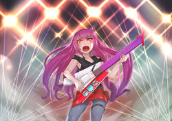  alternate_eye_color bare_shoulders black_pantyhose black_shirt breasts card commentary duel_disk duel_monster female guitar instrument kirishima_romin long_hair looking_at_viewer myuutau_tadakichi open_mouth pantyhose purple_hair red_eyes red_skirt shirt skirt small_breasts solo yu-gi-oh! yu-gi-oh!_sevens 