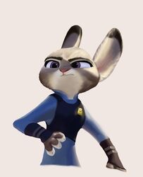  2020 anthro badge clothed clothing dipstick_ears disney ear_markings famished_(artist) fully_clothed fur grey_body grey_fur hi_res judy_hopps lagomorph leporid mammal multicolored_ears police police_uniform purple_eyes rabbit simple_background solo uniform zootopia 