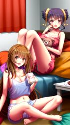  2girls :d bare_legs barefoot bedroom black_hair breasts brown_eyes brown_hair cleavage crop_top cup double_bun doukyuusei_2 doukyuusei_another_world food food_on_face game_cg green_panties hair_bun hair_ornament hair_scrunchie holding holding_cup holding_food indian_style kakyuusei_2 large_breasts long_hair midriff multiple_girls narusawa_yui navel on_bed open_mouth panties pantyshot red_eyes red_panties red_shorts saimon_tamaki scrunchie short_shorts shorts sitting sleepwear smile stomach stuffed_animal stuffed_toy teddy_bear underwear very_long_hair white_shorts yellow_scrunchie 